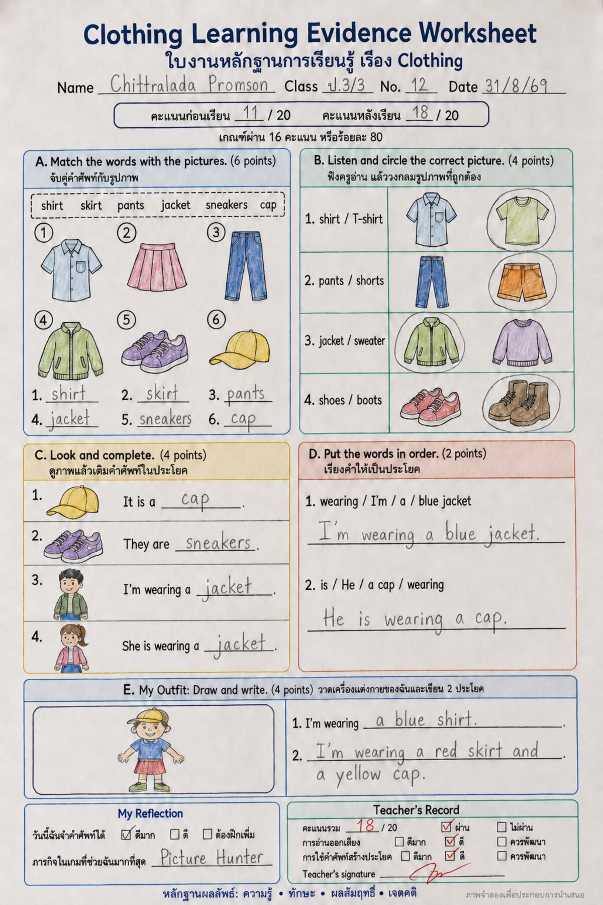 ใบงานหลักฐานการเรียนรู้ เรื่อง Clothing ของนักเรียนชั้น ป.3/3 คะแนนก่อนเรียน 11 หลังเรียน 18 จาก 20
